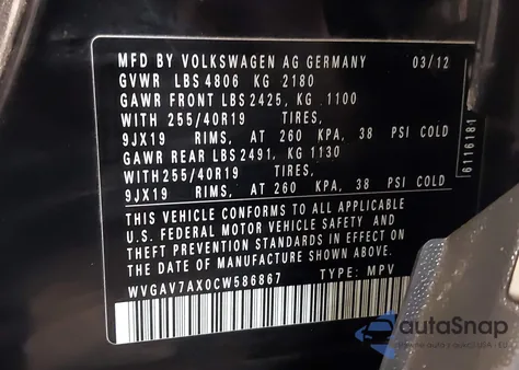 2012 Volkswagen Tiguan Sel from USA, damaged, VIN WVGAV7AX0CW586867